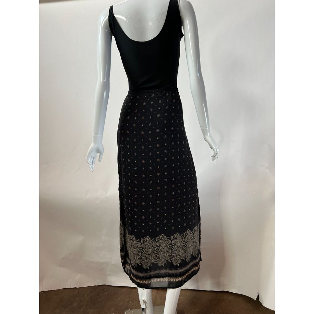 Vintage Black Midi Skirt sz 10  With Paisley & Floral Print Side Slit Button Clo - Picture 15 of 15